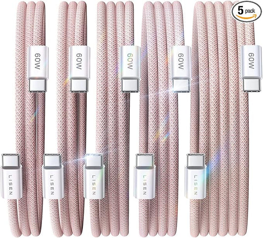 LISEN USB C to USB C Cable, 5-Pack [3.3/3.3/6.6/6.6/10FT] Pink for iPhone 17 Charger Cord, 60W C to C Cable Fast Charging for iPad, iPhone 17 Air 16 15 Pro Max, Samsung Z Flip 7/S25/S24