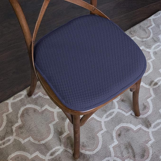 Sweet Home Collection Memory Foam Chair Cushion Honeycomb Pattern Solid Color Slip Non Skid Rubber Back Ultimate Comfort and Softness Rounded Square 16" x 16" Seat Cover, 4 Pack, Navy 4 Piece