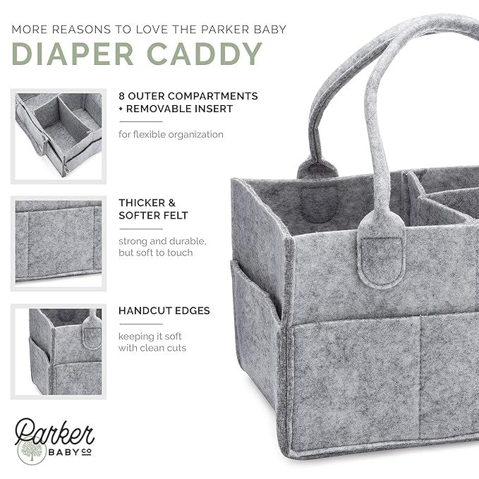 Parker Baby Co. Diaper Caddy - Nursery Storage Bin and Car Organizer for Diapers and Baby Wipes - Gray, Large