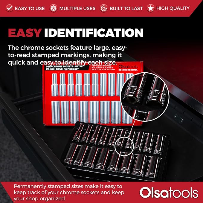 Olsa Tools Metric Deep Socket Set - 1/2-Inch Drive, 18pc - 6-Point Chrome Sockets from 10mm–27mm and No Skipped Sizes - Mechanic Deep Metric Socket Set - Professional Grade Long Sockets - Part: 1325