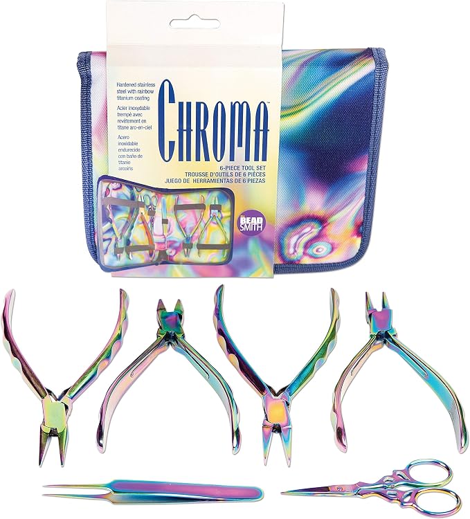 The Beadsmith 6-Piece Chroma Set - Jewelry-Making Tools Kit, Rainbow Titanium Finish, Includes 4 Pliers w/Tweezers and Scissors, Matching Case Included