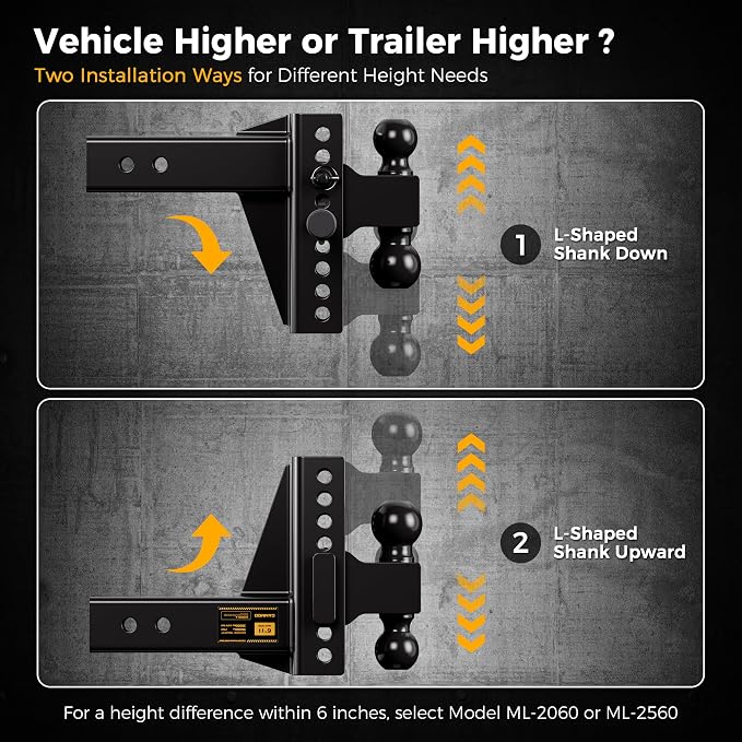 CAMMOO Adjustable Trailer Hitch, Tow Hitch Fits 2.5 inch Receiver, 6 inch Rise/Drop Hitch, 2" and 2-5/16" Ball Hitch, 22000 LBS GTW Truck Hitch with U-Shaped Alloy Steel Anti-Theft Pin, Black