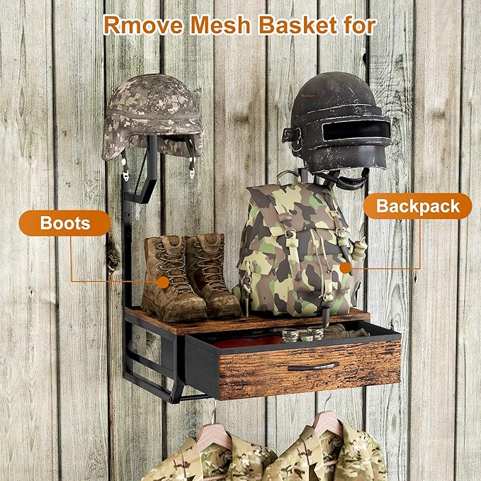 TQVAI Helmet Holder Wall Mount, Hold up to 2 Helmets, Motorcycle Helmets Rack with Drawer and Mesh Basket for Motorcycle Accessories, Hanging Protective Gear Shelf for Backpack Boots