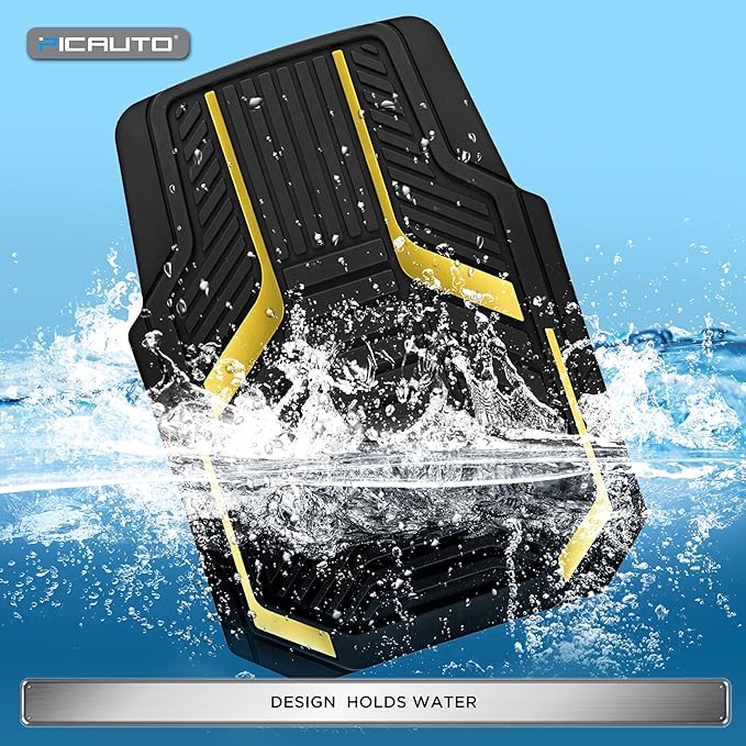PIC AUTO Heavy Duty Rubber Floor Mats, Yellow Aluminum Film Car Mats Set, Front and Rear Car Mats with Anti-Slip Backing, All Weather Protection, Trim-to-Fit for Automotive SUV, Sedan, Van