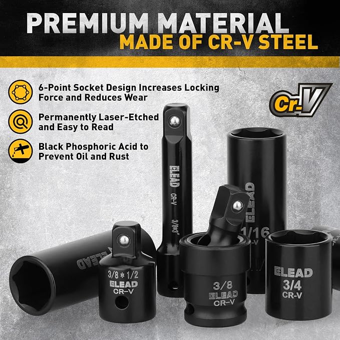 ELEAD Impact Socket Extension Set & 3/8'' Drive Impact Socket