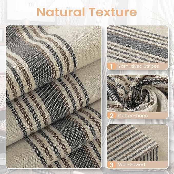 ColorBird Brown and Grey Striped Curtains 2 Panels Set, Modern Farmhouse Vintage Patterned Short Kitchen Curtain 63 Inches Length, Light Filtering Window Treatment Drapes for Living Room Bedroom