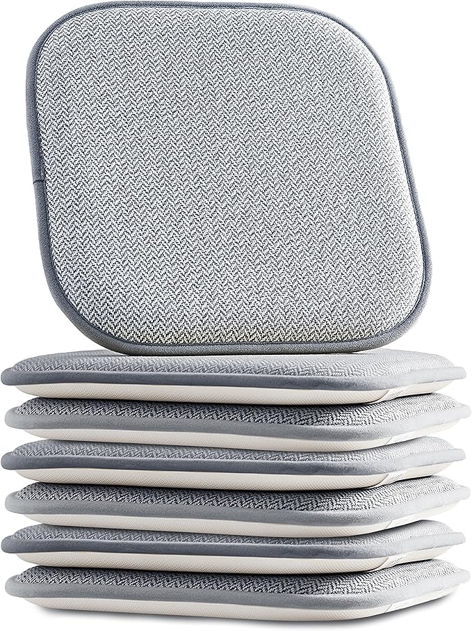 Elegant Comfort Chair Cushion Covers with Ties and Non Skid Rubber Backing-Thick Memory Foam - Soft Cushion Pad- Rounded Square Seat Cover- 16 x 16 Inches - Set of 6 Chevron Textured Pattern, Gray