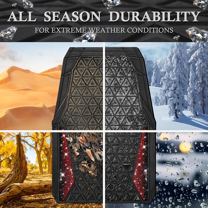 CAR PASS Bling Diamond Car Mats Rubber Floor Mats Full Set Anti-Slip 3D Rhombus Waterproof Trim to Fit Liner Universal Glitter Crystal Sparkly Shining Rhinestone Girl Women SUV Sedan Van, Black Red