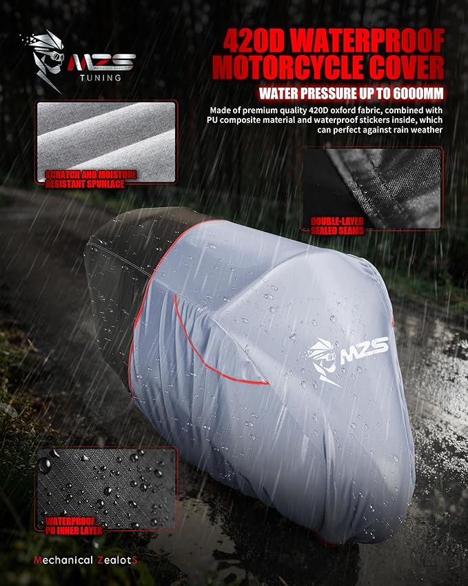 MZS Motorcycle Cover Waterproof Outdoor, Heavy Duty All Season Weather Sun Protection with Storage Bag Vents Night Reflective Cotton Lining Lock Holes fits up to 116" Motorcycles Vehicle Covers