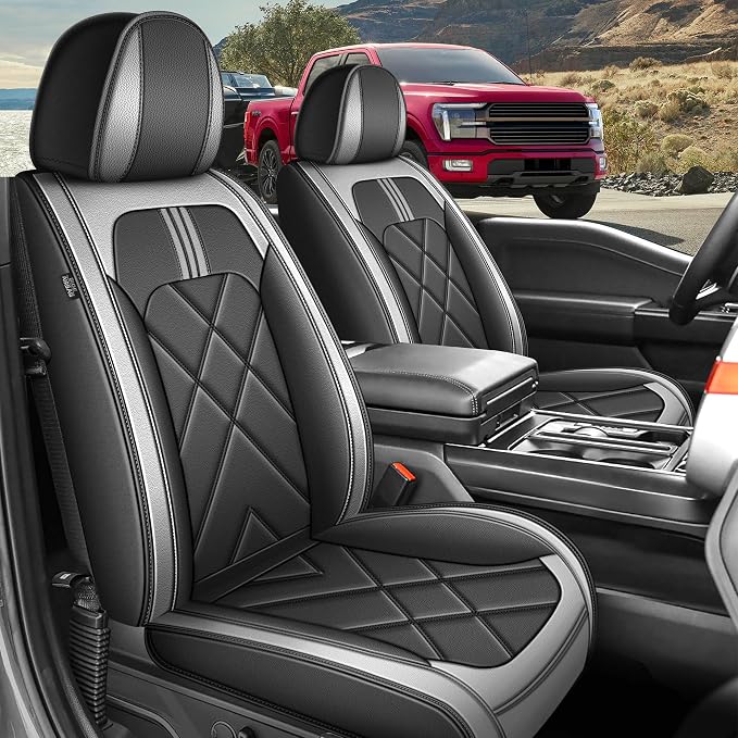 TTX for Ford F150 2009-2024 2025 2026 Seat Covers & F250 F350 F450 2017-2026 Seat Cushion Cover with Faux Leather(Front,Black&Dark Grey)