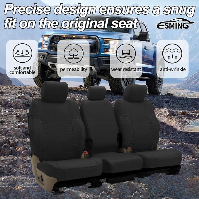 ESMING Front 40/20/40 Oxford Fabric Seat Covers for Ford F150 XLT/Lariat 2014 for Ford F250 F350 F450 F550 XLT Lariat 2015-2021 Front 40/20/40 Split Bench with Center Console-Black