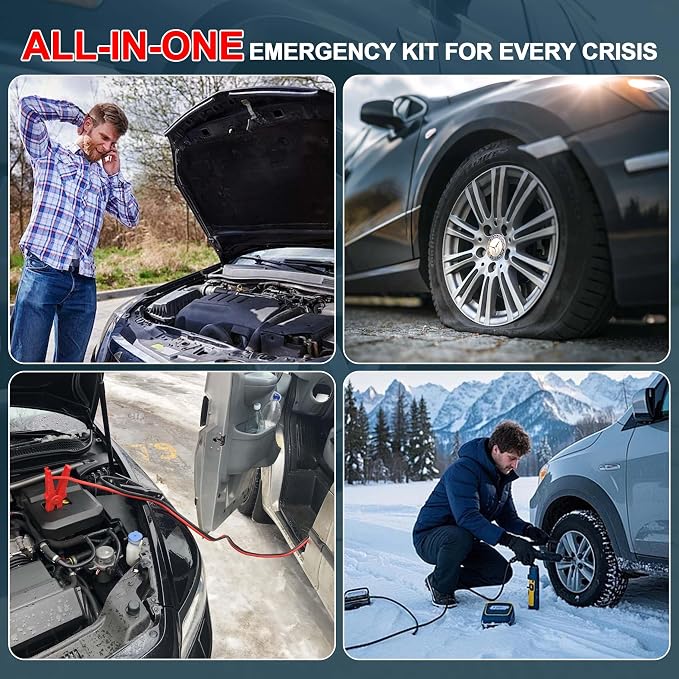 Jump Starter with Air Compressor, 5000A Tire Inflator, 16.8V Portable Jump Box with LED Light/Flashlight for 9.0L Gas/6.0L Diesel, Car Battery Jumper Starter Portable, Jumper Cables