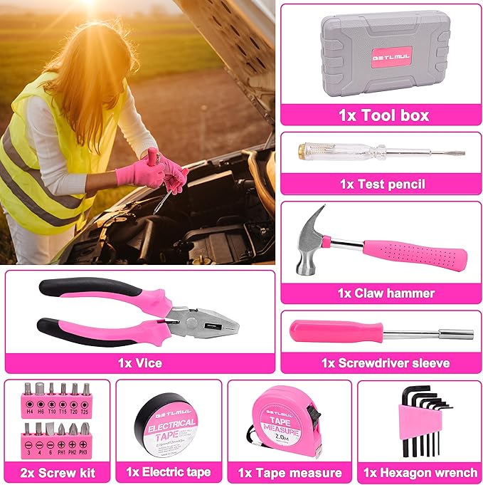 Pink Car Emergency Kit, Premium Roadside Emergency Car Accessories Kit with Jumper Cables, Flashlight, Shovel, Toolbox Set, etc Car Accessories for Women