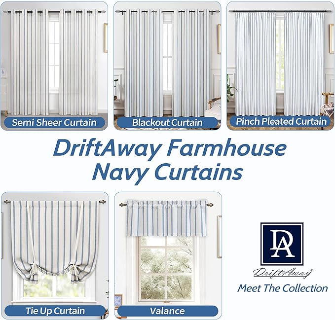 DriftAway Farmhouse Double Layer Linen Blackout Tie Up Curtains Thermal Insulated Vertical Striped Fully Lined Balloon Roman Shade Bathroom Window Adjustable Rod Pocket 45 Inch by 63 Inch Navy