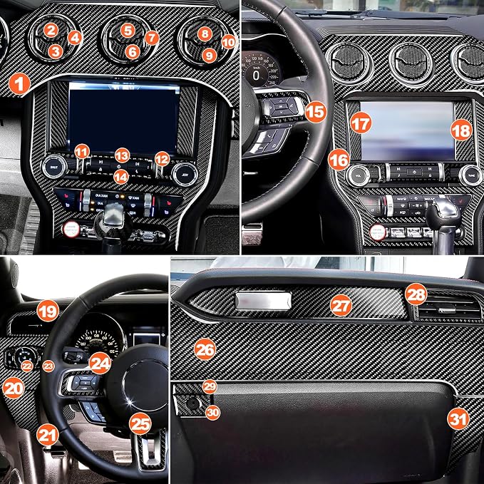31 PCS Real Carbon Fiber Interior Trim Kit Compatible with Ford Mustang 2015-2023, Center Console Display Panel Trim AC Air Vent Trim, Interior Decor Sticker Accessories