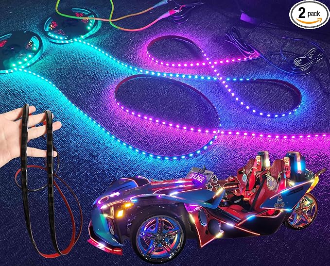 2PCS 16.5FT RGB Dream Color Chasing LED Light Strips Fit for Polaris Slingshot, Smoked Tinted Full Black Out PCB Accent Lights with App & Remote, IP65 Waterproof 33FT Total Underglow Kit