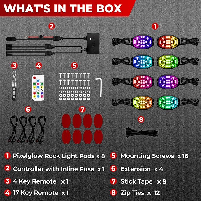 8 Pods 9 Sides RGB Rock Lights, App/2 Remote Control Led Underglow Lights Compatible with 12V Trucks Jeep UTV ATV Golf Cart Off Road, Brake Signal, Waterproof, Music Mode, Plug and Play, Multi-Color