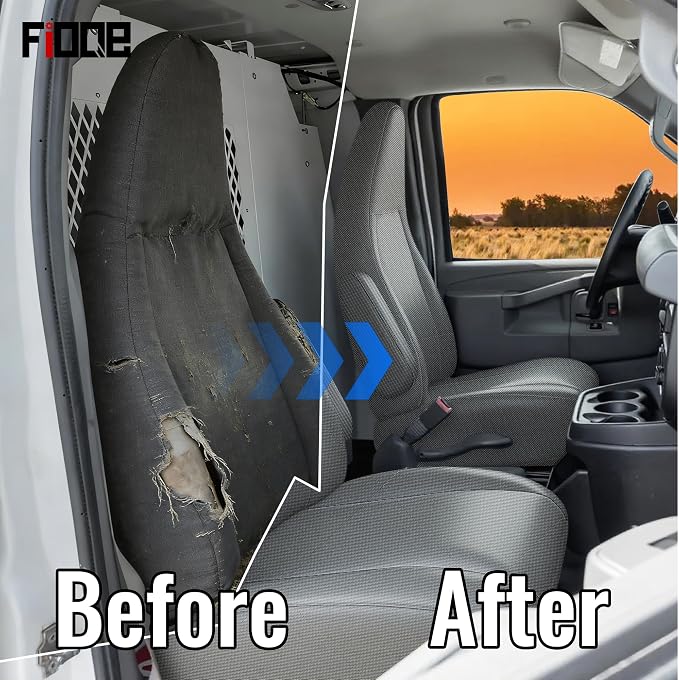 600D Heavy Duty Seat Covers for Chevy Express 1996-2025，Front Bucket Seats with Grab Handle Opening, Durable Oxford Fabric Protective Covers, Not for RV Seat-Gray
