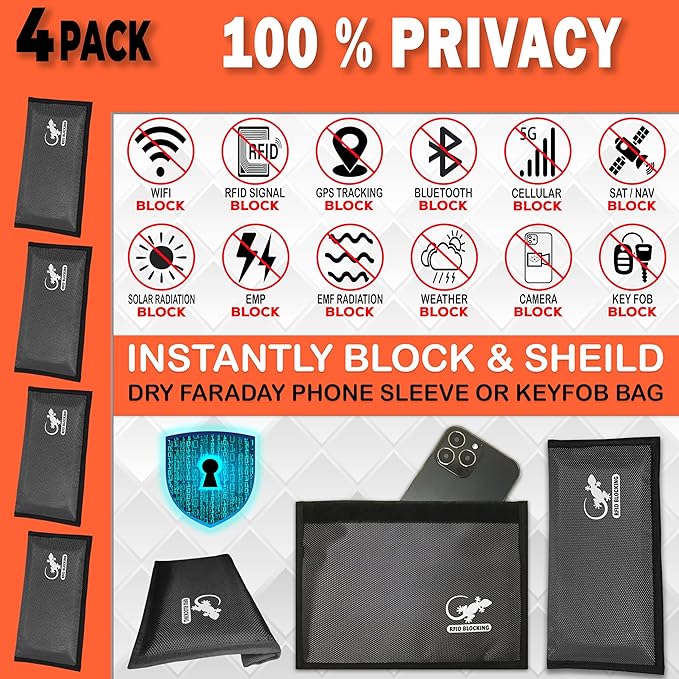 4 Faraday Bag Anti-Tracking GPS RFID Car Key Signal Blocker Wallet Shielding Pouch Protective Case for Cell Phone Car Key FOB, Data Privacy, Electronic Device Security (4 PACK - GRAY)