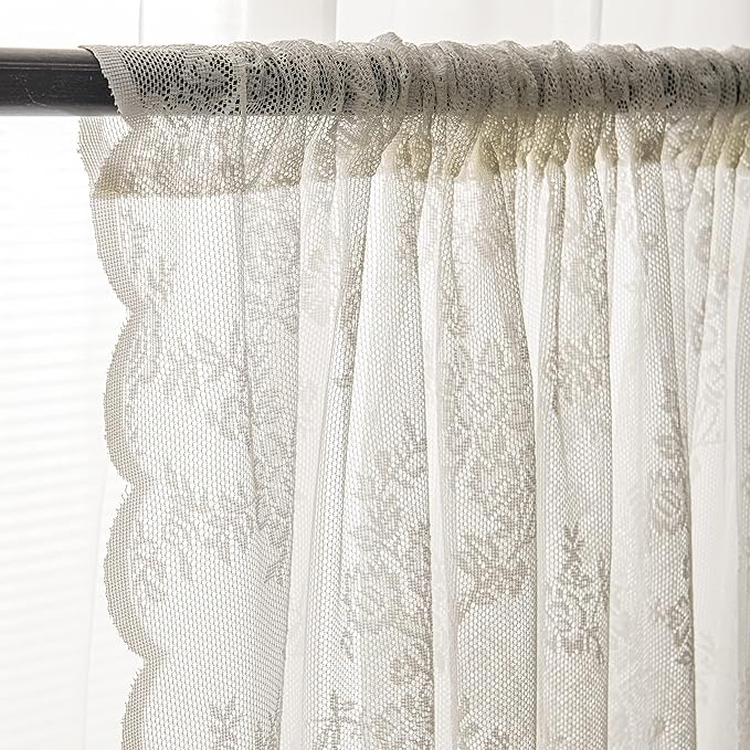 Sutuo Home Ivory Lace Curtains 84 Inches Long 2 Set, Sheer Panels Floral Embroidery Vintage Voile Window Treatment Pair for Bedroom Living Room Kitchen, Retro Christmas Decor Rod Pocket, W57 x L84