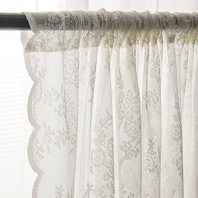 Sutuo Home Ivory Lace Curtains Set of 2, Sheer Panels 72 Inch Length Floral Embroidery Vintage Voile Window Treatment Pair for Bedroom Living Room Kitchen, Shabby Chic Decor Rod Pocket, W57 x L72