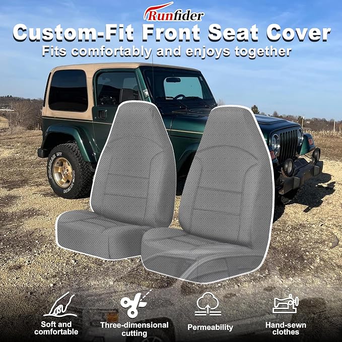 Custom Seat Covers for Jeep Wrangler TJ 1997 1998 1999 2000 2001 2002 Heavy Duty Cloth Protector Interior Accessories，Waterproof & Machine Washable, Foam Padded - Gray（Front）
