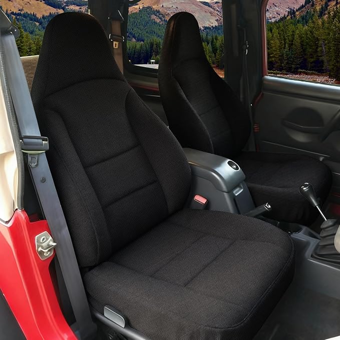 Custom Seat Covers for Jeep Wrangler TJ 1997 1998 1999 2000 2001 2002 Heavy Duty Cloth Protector Interior Accessories，Waterproof & Machine Washable, Foam Padded - Black（Front）