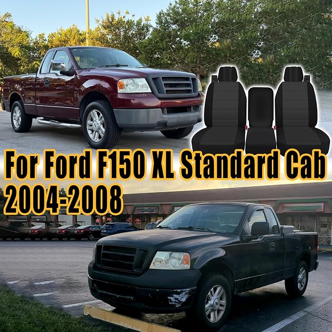 Front Durable Fabric Seat Covers for Ford F150 XL XLT Standard Cab 2004 2005 2006 2007 2008, Front 40/20/40 Split Bench with Integrated Seatbelts & Solid Armrest-Black