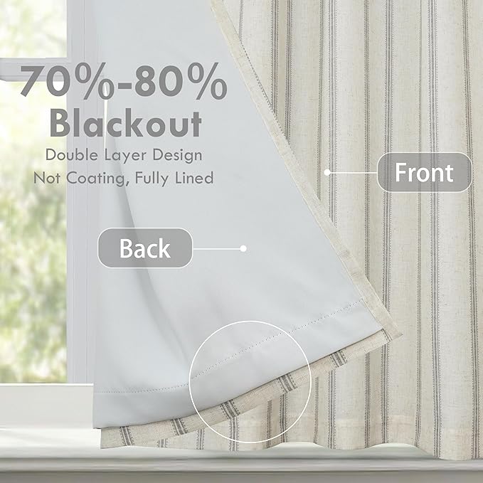 DriftAway Farmhouse Double Layer Linen Blackout Tie Up Curtains Thermal Insulated Vertical Striped Fully Lined Balloon Roman Shade Bathroom Window Adjustable Rod Pocket 25 Inch by 47 Inch Gray
