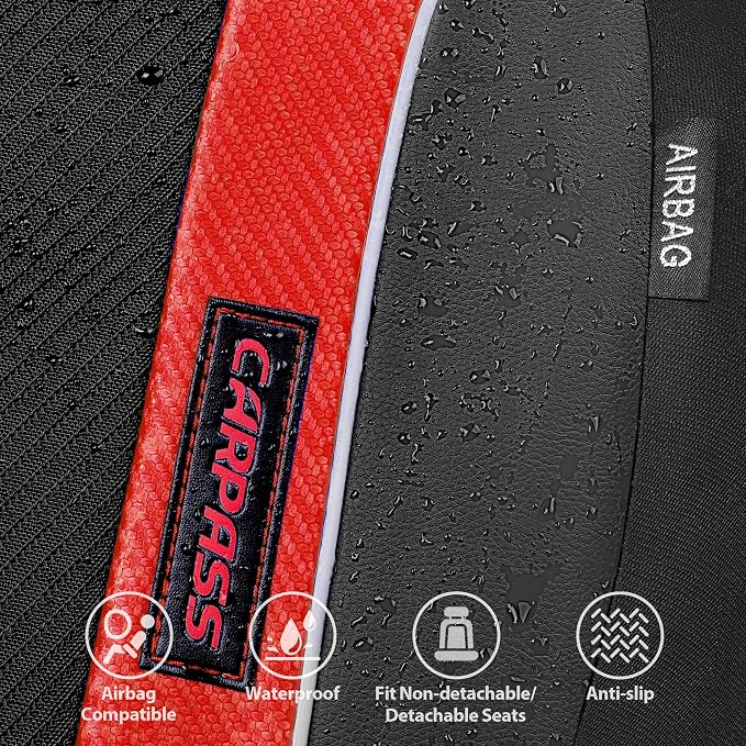 CAR PASS Sporty High Back 3D Oxford Waterproof Car Seat Cover Two Front, Universal Carbon Fiber Leather Bucket Seat Cover All Weather, Airbag Compatible Fit Sports Car SUV Sedan Truck Black Red