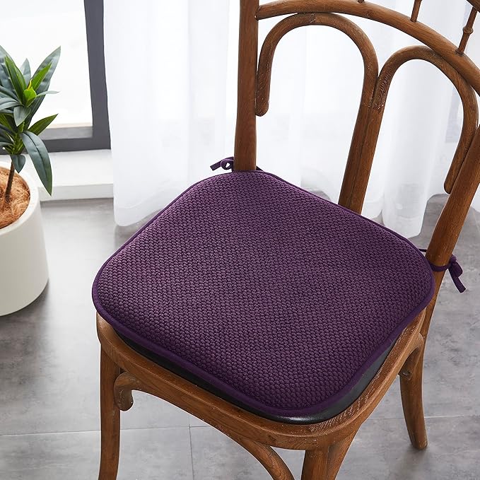 Elegant Comfort Chair Cushion Covers with Ties and Non Skid Rubber Backing-Thick Memory Foam - Soft Cushion Pad- Rounded Square Seat Cover-16 x 16 Inches- Honeycomb Textured Pattern, Set of 6, Purple