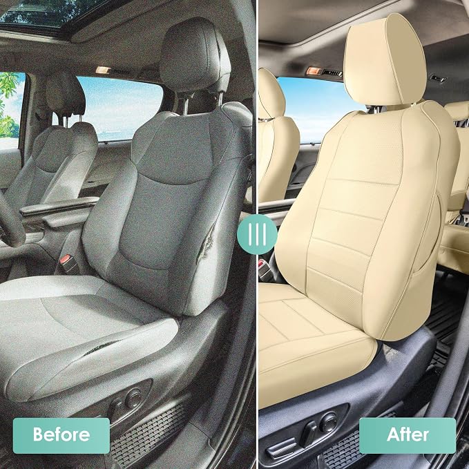 FH Group Custom Fit Car Seat Covers Specifically Made for 2021-2024 Toyota Sienna 7-8 Seater, Faux Leather Automotive Seat Covers - Front Set Solid Beige