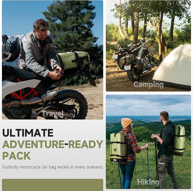 Motorcycle Saddle Bag, 30L Waterproof Motorcycle Tail Bag | 2 Size and 3 Color Options Travel Bag, PVC Bag, Rear Seat Bag, Field Green GT-30GN