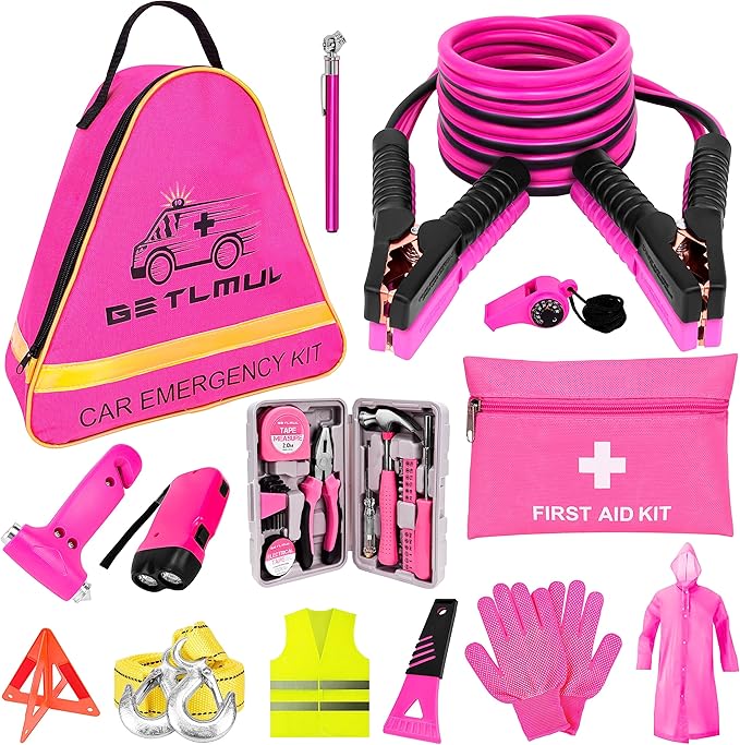 Pink Car Emergency Kit, Premium Roadside Emergency Car Accessories Kit with Jumper Cables, Flashlight, Shovel, Toolbox Set, etc Car Accessories for Women