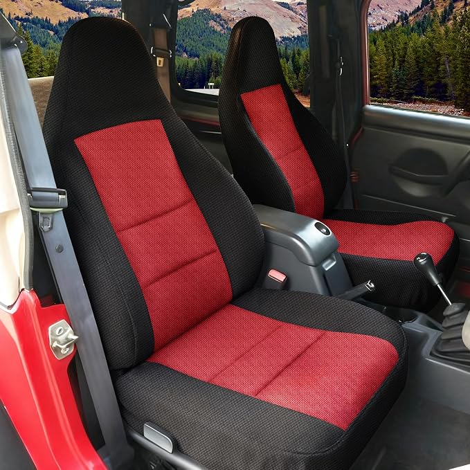 Custom Seat Covers for Jeep Wrangler TJ 1997 1998 1999 2000 2001 2002 Heavy Duty Cloth Protector Interior Accessories，Waterproof & Machine Washable, Foam Padded - Red（Front）
