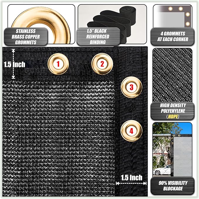 ColourTree Customized Size 6' x 20' Black Fence Screen Privacy Screen - Commercial Grade 170 GSM - Heavy Duty - 3 Years Warranty - Cable Zip Ties Included