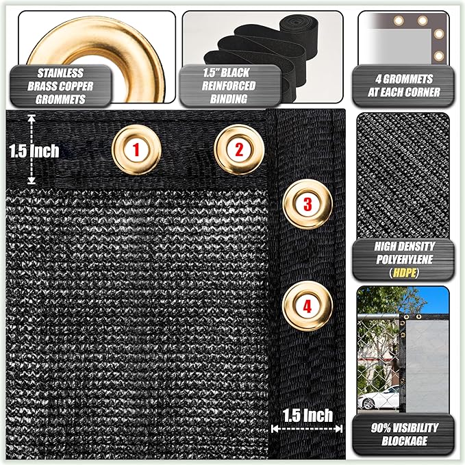 ColourTree Customized Size 6' x 8' Black Fence Screen Privacy Screen - Commercial Grade 170 GSM - Heavy Duty - 3 Years Warranty - Cable Zip Ties Included