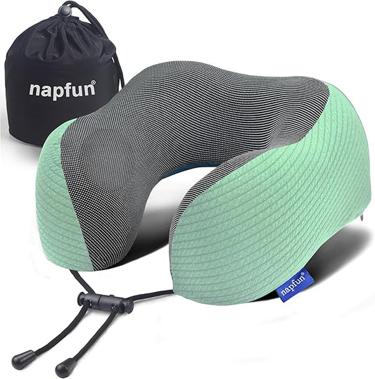 napfun Neck Pillow for Traveling, Upgraded Travel Neck Pillow for Airplane 100% Pure Memory Foam Travel Pillow for Flight Headrest Sleep, Portable Plane Accessories, Turquoise