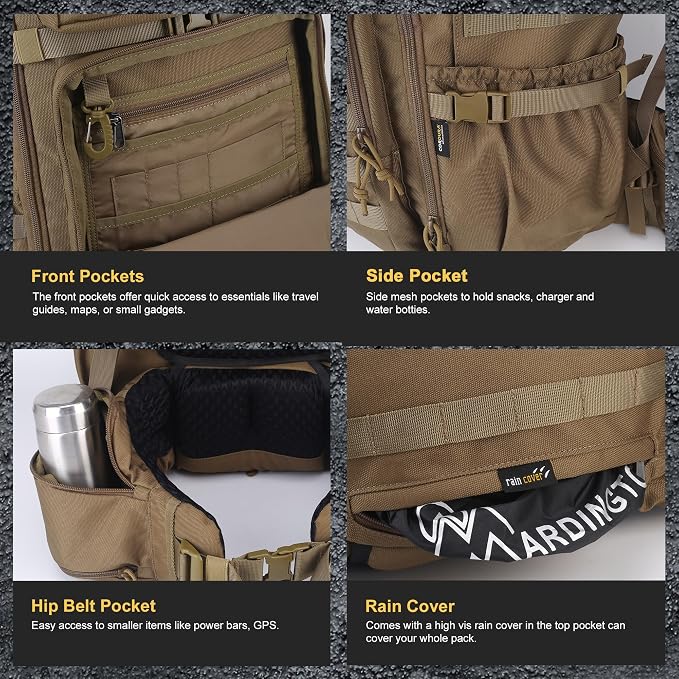 Mardingtop 75L Molle Hiking Internal Frame Backpacks with Rain Cover for Camping,Backpacking,Travelling(Cordura Khaki)