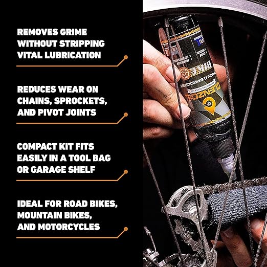 Clenzoil Chain & Sprocket Cleaning Kit - Chain Cleaner Lubricant Protectant (CLP) - Wet Lube Application, Dry Lube Performance - 4 oz Bottle, 0.5 oz Needle, Microfiber Towel & Chain Brush