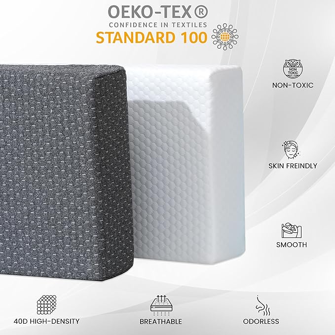 24x12x5 Pillow Cube for Side Sleepers with 2 Pillow Cases(White & Gray) Memory Foam- Medium Firm Design Ideal for Neck,Shoulder Pain Relief & Cervical Support - Made of Odorless Fabric