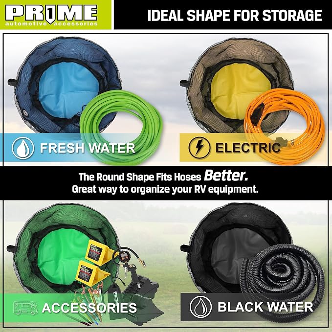 PR1ME 4 Pack Waterproof RV Hose Bag Storage, Utility Bag for Sewer Hose, Camper and RV Accessories, 4 Colors for Sewer and Fresh Water Hoses, Electrical Cords, Camper Tools Accessories