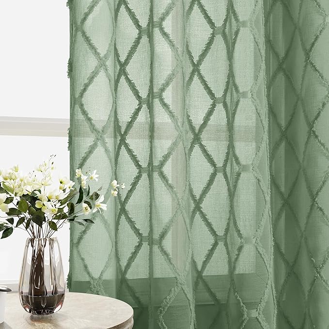 Hokibero Olive Green Sheer Curtains 84 Inch Length for Living Room 2 Panels Set Back Tab Drapes Sheer Textured Light Filtering Olive Dark Green Curtain for Bedroom Rustic Boho Farmhouse Decor 52x84