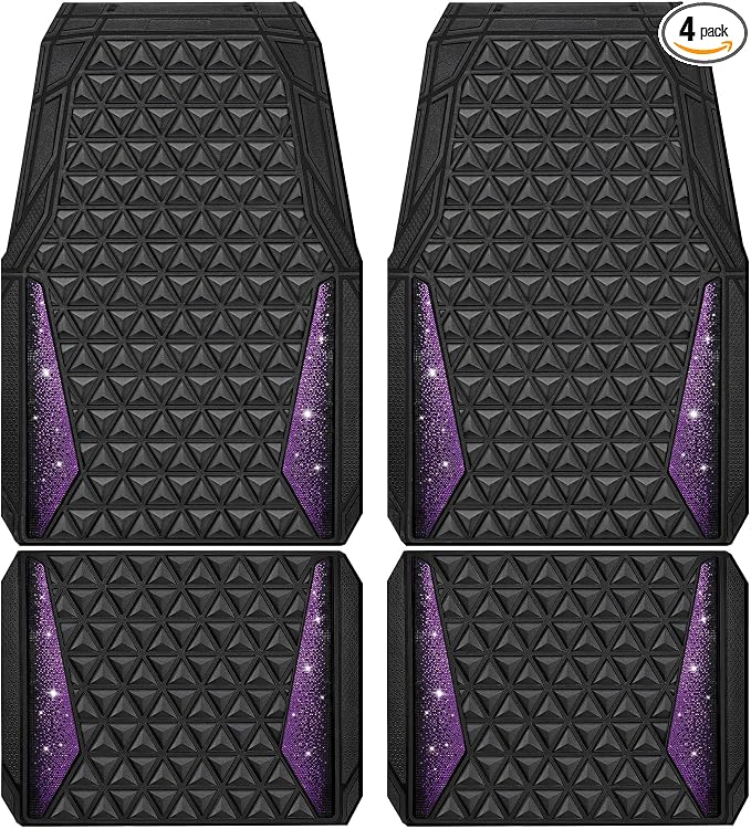 CAR PASS Bling Rubber Car Mats Diamond Floor Mats Full Set Anti-Slip 3D Rhombus Waterproof Universal Trim to Fit Liner Glitter Crystal Sparkly Shining Rhinestone Girl Women SUV Sedan Van, Black Purple