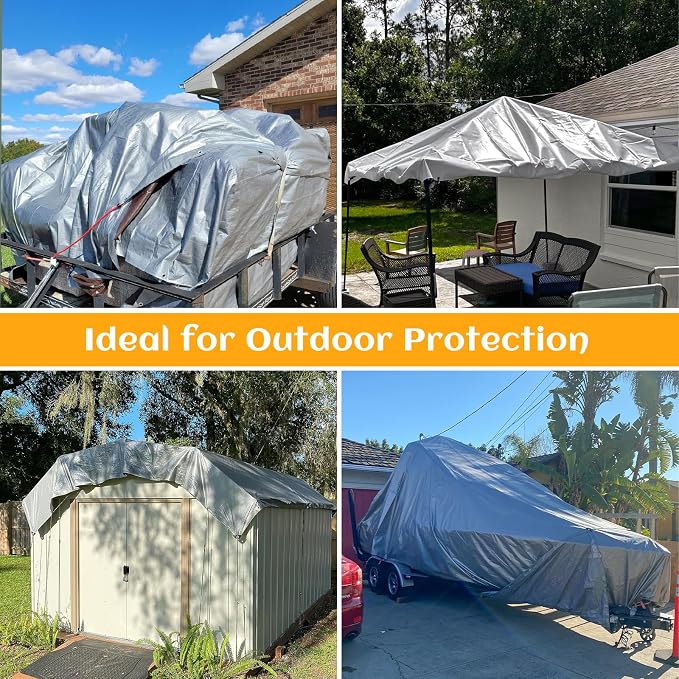 Sliver Tarps Heavy Duty Waterproof, 12 Mil Big Tarps with Grommets and Reinforced Edges, UV Resistant, Tear&Fade Resistant, Extra Large Rain Covers Waterproof Heavy Duty Outdoor, 15 * 30 FT