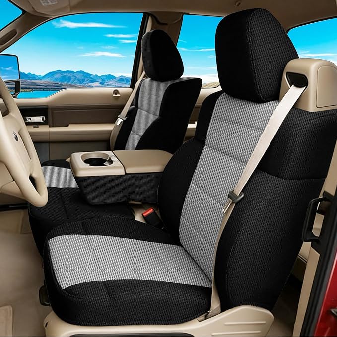 ESMING 40/20/40 Durable Oxford Fabric Front Split Bench Seat Covers for Ford F150 XL Standard Cab 2004 2005 2006 2007 2008 with Integrated Seatbelts & Solid Armrest-Gray