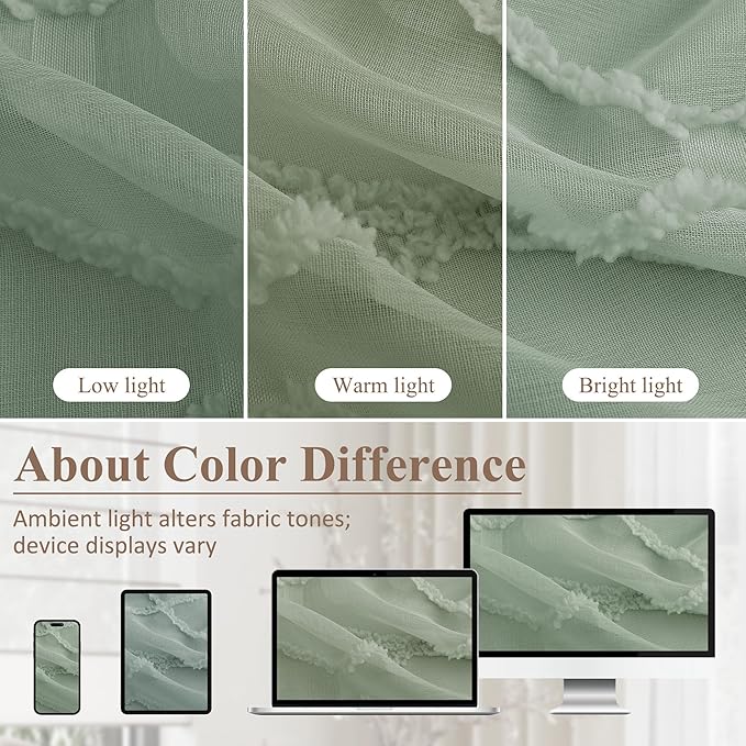Hokibero Desert Sage Sheer Curtains 84 Inch Length for Living Room 2 Panels Back Tab Pocket Modern Boho Farmhouse Drapes Light Filtering Privacy Embroiderd Textured Rustic Curtain for Bedroom 52x84