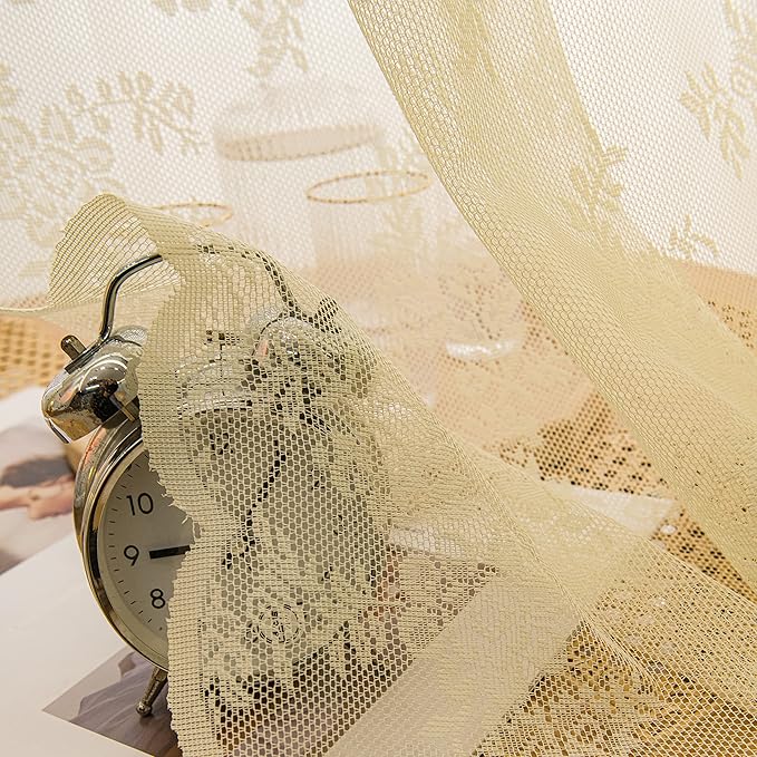 Sutuo Home Lace Curtains 63 Inches Length 2 Panels Set, Cream Yellow Sheer Country Retro Floral Vintage Beige Voile Window Panel Treatment for Bedroom/Living Room, Decor Rod Pocket W57 x L63