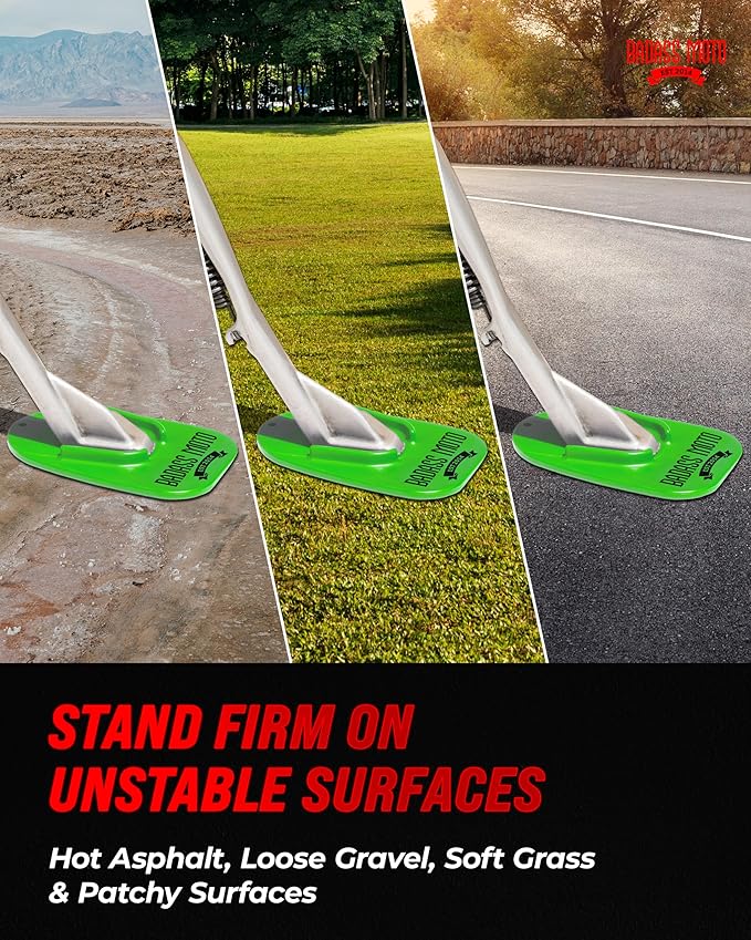 Badass Moto Motorcycle Kickstand Pads - Motorcycle Pads Durable Motorcycle Kickstand Plate, Biker Kick Stand, Motorcycle Stand Pad - Park Your Bike on Hot Pavement, Grass- Go Fast Green(4-Pack)