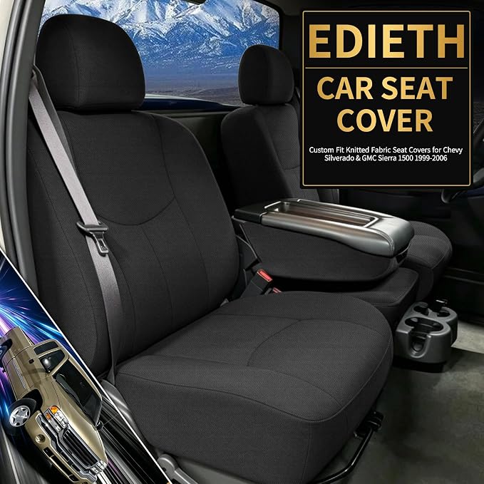 Front and Rear Seat Covers for Chevy Silverado & GMC Sierra 1500 1999-2006 & Classic Composite Sponge Fabric Soft Breathable Comfortable - Black